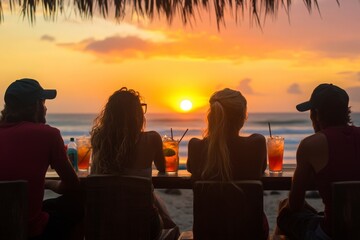 Group of friends enjoying tropical sunset by the beach, sipping colorful drinks while capturing the beauty of nature in a tranquil setting, perfect for vacation vibes