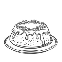 Christmas cake outlinr vector illustration. Hand drawn round Xmas brown biscuit with berry fruit and sugar cream, icing or souce decoration, fruitcake on plate, dessert cooking for Christmas dinner