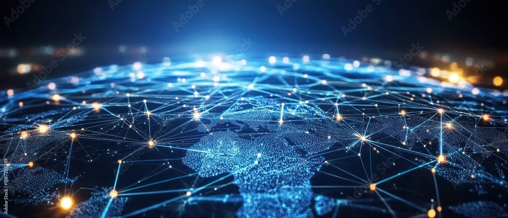 Poster a digital representation of a global network with interconnected nodes over a map.