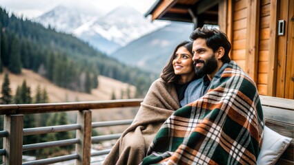An image of an Indian couple relaxing on the porch of a mountain cabin, wrapped in blankets and enjoying the view.	
