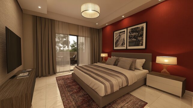 Bedroom with a bold red accent wall, showcasing a framed mockup design above a stylish bed