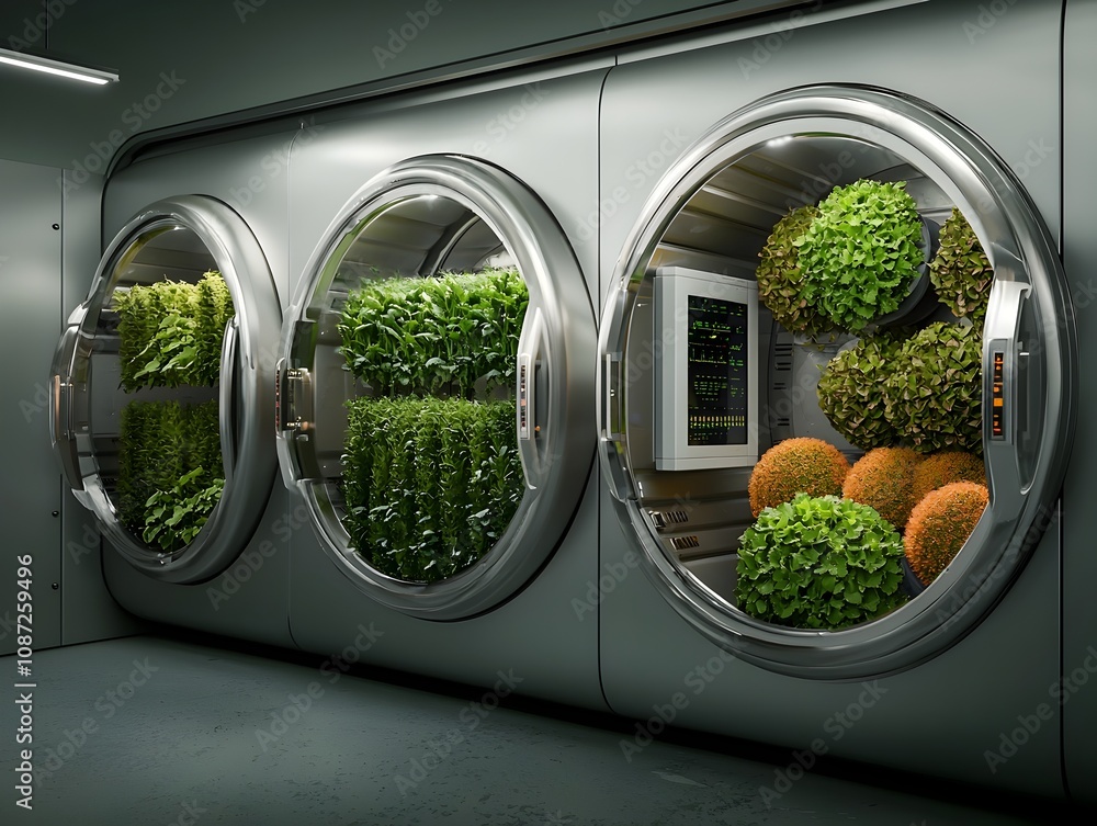 Poster cutting edge bioreactor farming in a high tech research facility featuring automated nutrient delive
