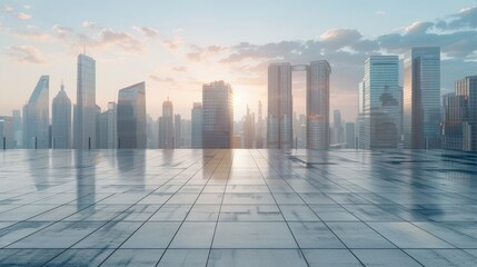 Empty square floor with city skyline background, Urban exploration in black and white, gritty street photography aesthetic