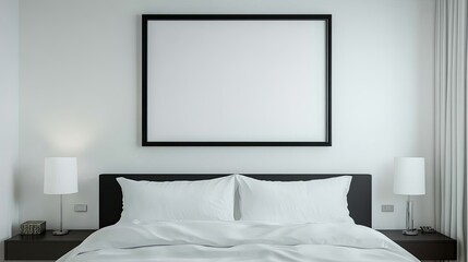 Bedroom with white background walls, featuring a framed mockup design above the bed, accented by clean decor