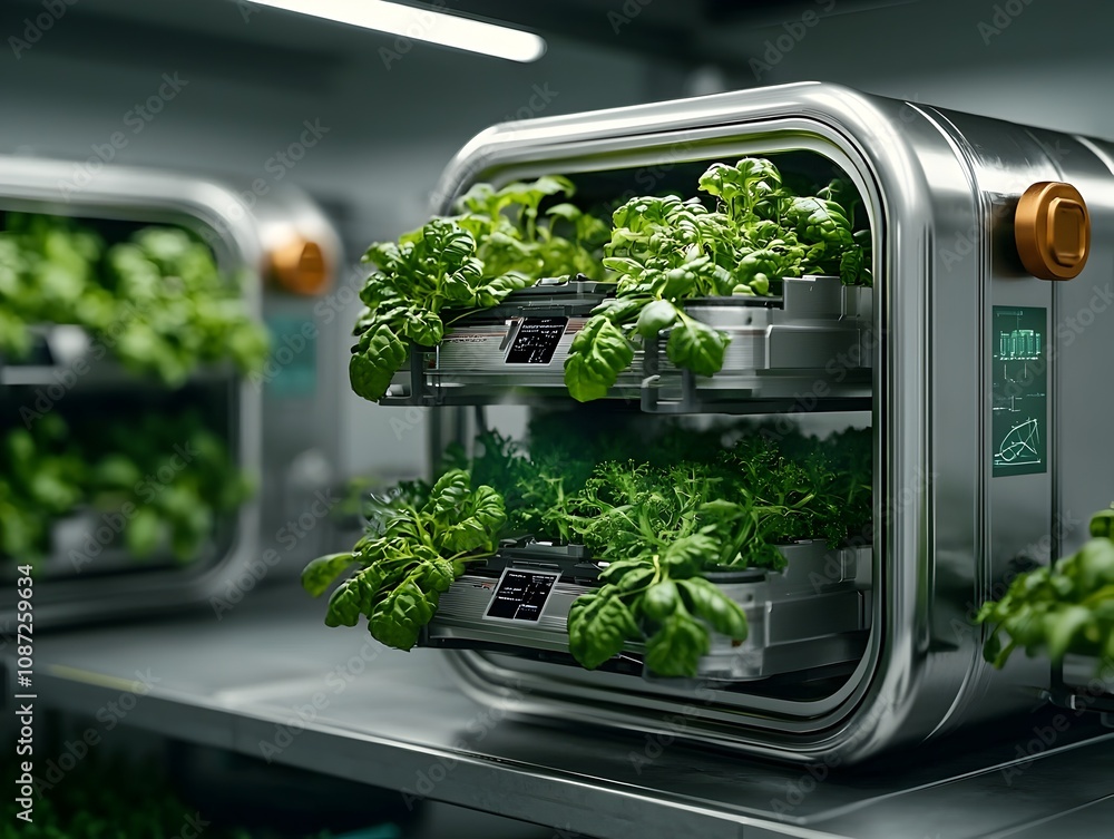 Poster cutting edge bioreactor farming system in a high tech research facility featuring automated nutrient