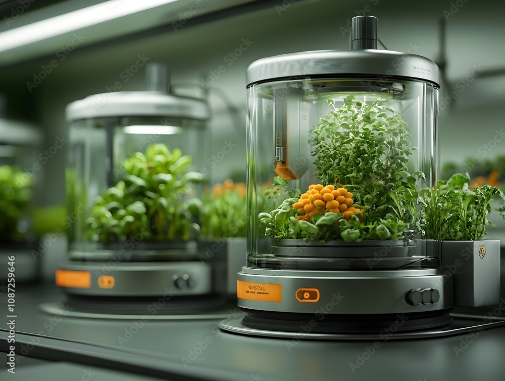 Poster cutting edge bioreactor farming in a high tech research facility featuring automated nutrient delive