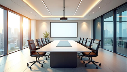 Fototapeta premium spacious, well-lit corporate meeting room with a large conference table, chairs, and a projector screen, with natural light streaming through the windows.