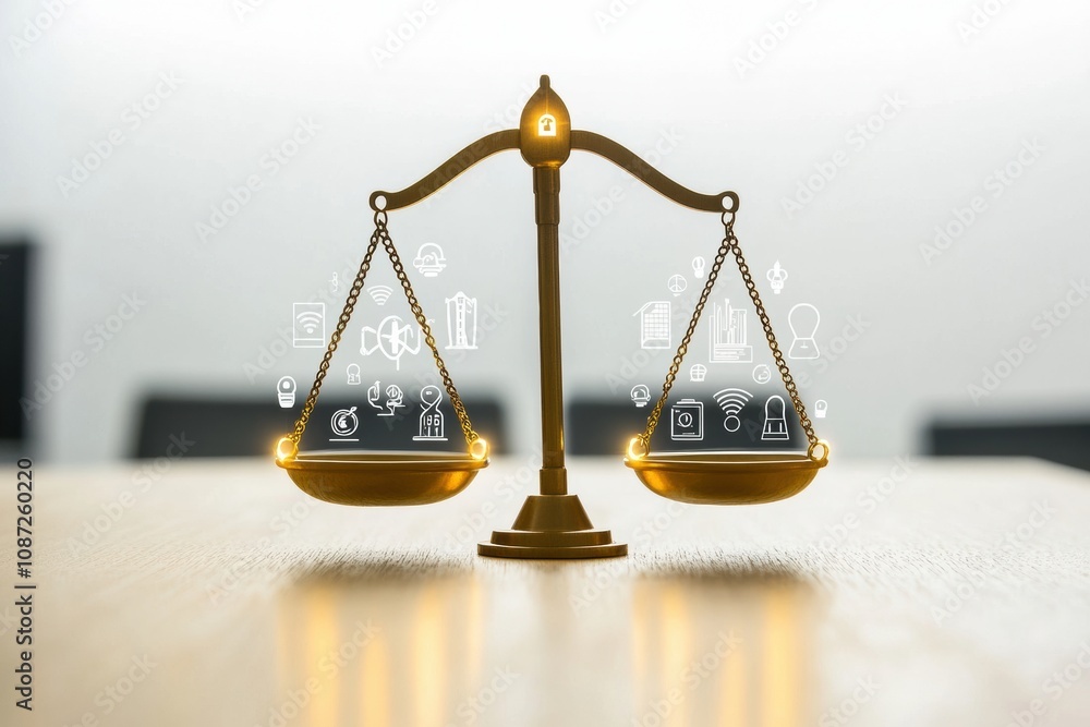 Aufkleber A golden scale balances technology icons and symbols, representing the harmony between justice and innovation in today's digital world. Generative AI
