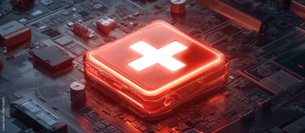 Aufkleber a glowing red emergency button on a circuit board, symbolizing technology and alerts.