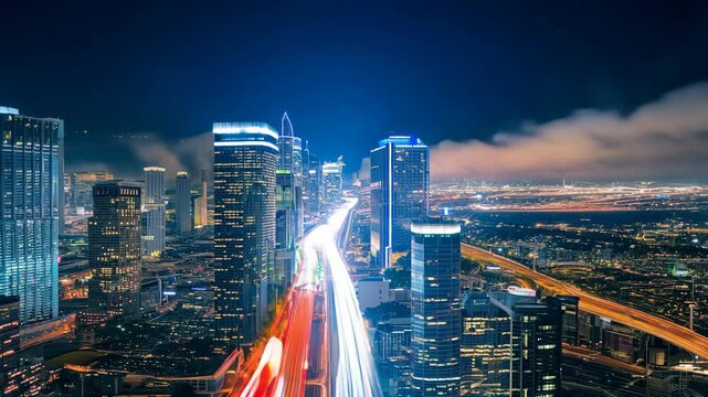 Vibrant city skyline at night with skyscrapers illuminated by lights and dynamic light trails from traffic below.