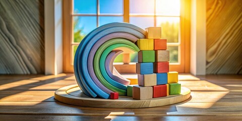 A Colorful Wooden Rainbow Arch and Stacked Blocks in a Sunlit Room