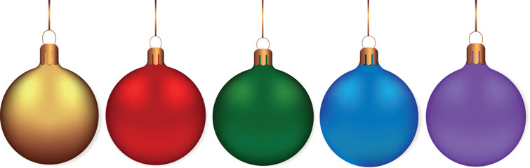 Christmas baubles in gold, red, green, blue and purple colours on transparent background