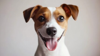 Cute dog with a big smile and tongue out, sitting on a white backdrop, gazing happily into the camera