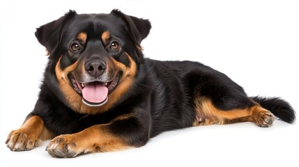 Fototapeta premium Cute dog with a big smile and tongue out, sitting on a white backdrop, gazing happily into the camera