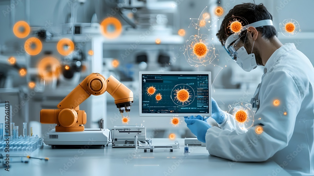 Poster biotech engineer programming a robotic cell culture system