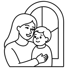 mother hugs son draws heart on window