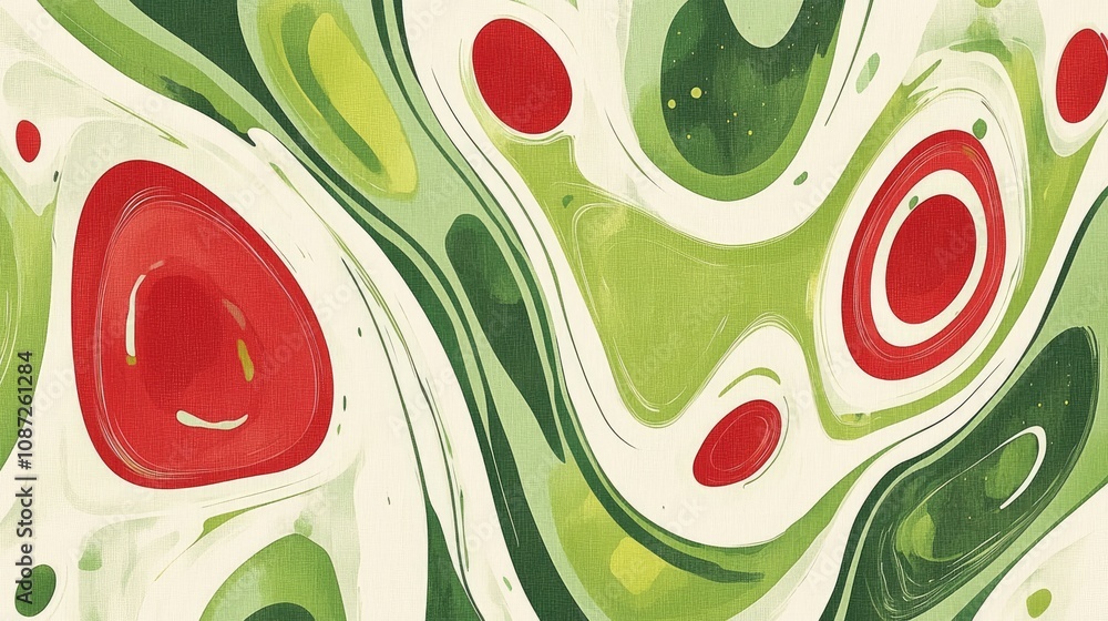 Poster eye-catching seamless pattern with abstract green and red forms, creating a balanced and artistic de