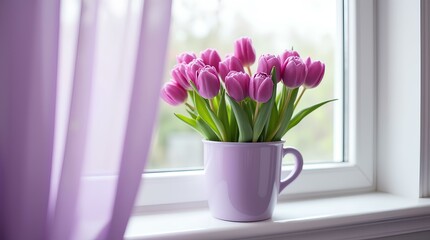  A bouquet of bright purple tulips in a light purple vase on a white windowsill. A lilac curtain is partially visible in the background, through which soft light penetrates. 