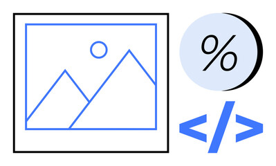 Geometric shapes depict mountains and sun, percentage symbol, coding brackets. Ideal for web design, data visualization, digital media, graphic design, education, presentations, software development