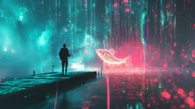 Businessman stands on a pier, fishing for digital fish in a lake. Data falls from the sky, creating a surreal atmosphere in the vibrant metaverse