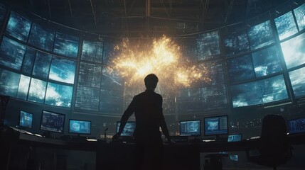 Fototapeta premium A silhouetted figure stands before multiple screens, witnessing an explosion of light.