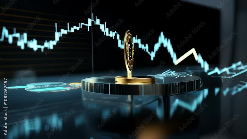 Poster bitcoin rotates on a sleek black pedestal while stock market charts display in the background, creat