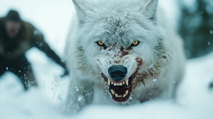 Obraz premium A fierce white wolf with bloodstained mouth growls amidst a snowy backdrop, capturing the raw power and untamed beauty of wilderness in this dramatic image.