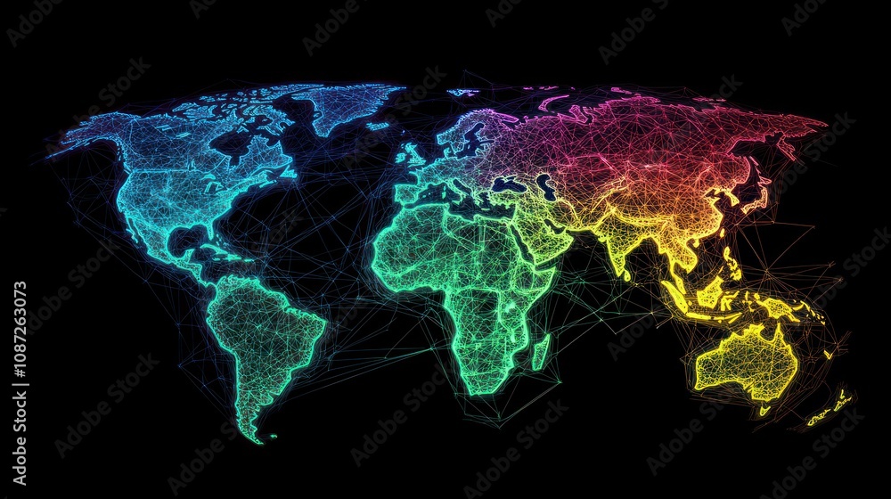 Poster a colorful, digital representation of a world map with interconnected lines and nodes.