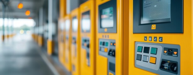Naklejka premium Close-up of yellow parking ticket machines with touchscreens and buttons in a covered parking area, symbolizing automation and convenience.