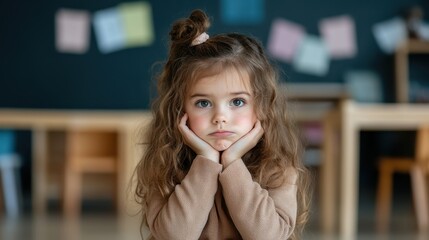 A young girl with brown curly hair rests her head on her hands, displaying a thoughtful and curious expression in a vibrant classroom environment.