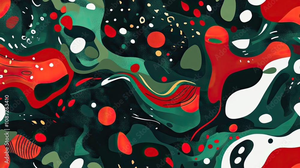 Poster green and red abstract shapes arranged in a fluid, seamless pattern, bold and versatile for trendy t