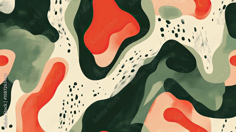 Poster green and red abstract shapes arranged in a fluid, seamless pattern, bold and versatile for trendy t