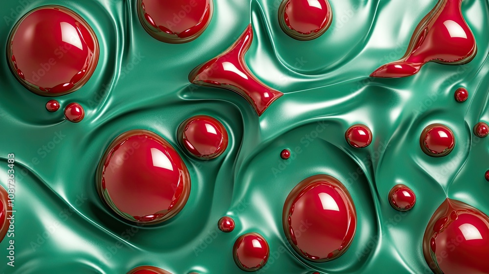 Poster green and red abstract shapes arranged in a fluid, seamless pattern, bold and versatile for trendy t