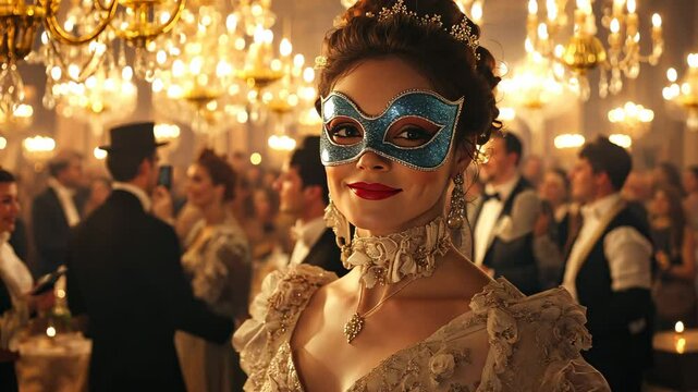 New Yearâ€™s Eve masquerade ball with guests in elegant masks and attire, dancing under chandeliers and sparkling lights. . Video