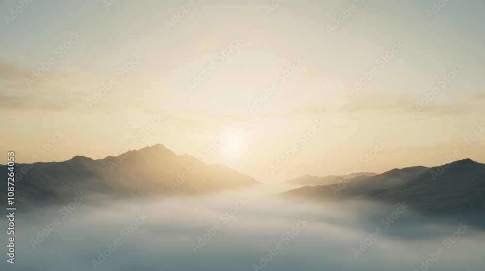 Poster golden sunlight breaks through the clouds, casting a warm glow over the tranquil mountains and rolli