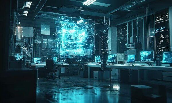 A computer room with many monitors and a large screen. The room is dark and the monitors are glowing