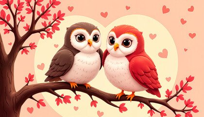 Obraz premium Cute cartoon owls sitting on a branch surrounded by hearts and blossoms, Valentine’s Day celebration