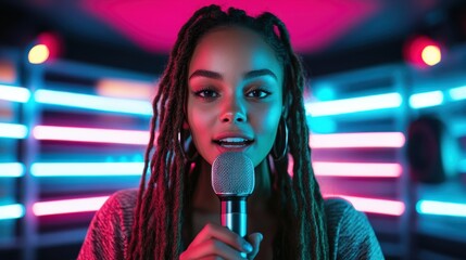 A woman sings expressively into a microphone, enveloped by a captivating neon glow. The scene is charged with artistic energy and contemporary vibes.