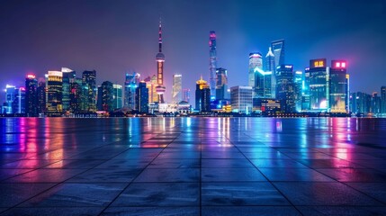 Empty square floor with city skyline background, City skyline in silhouette, stark contrast against fiery sunset