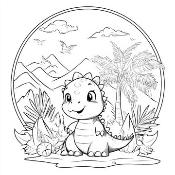 cute dinosaur in black and white landscape
