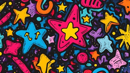 Obraz premium Bright funky doodle pattern with various stars dots and lines in a seamless design