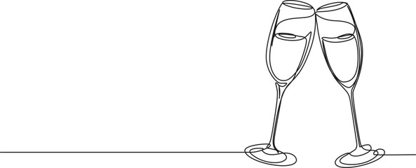 continuous single line drawing of champagne glasses clinking, line art vector illustration