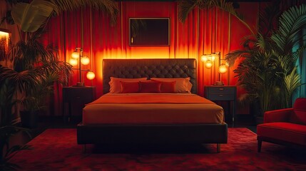 Modern bedroom setup featuring a mockup frame on a rich red background, accented with subtle lighting