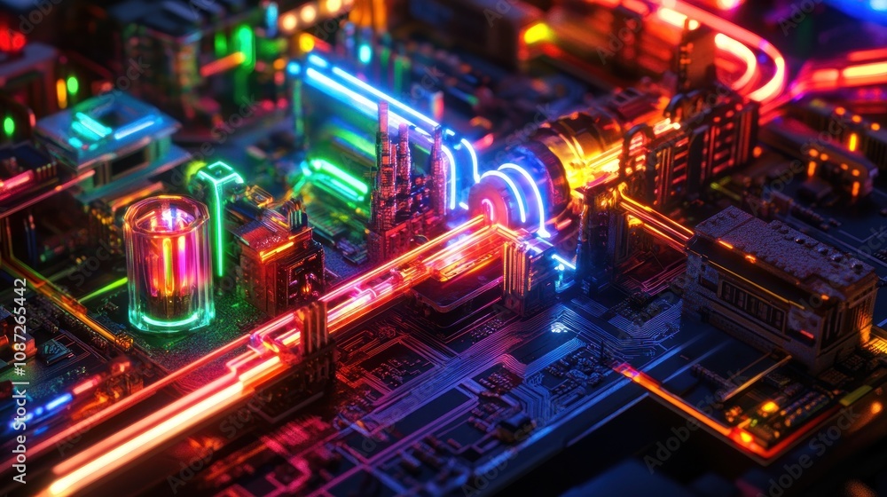 Poster a vibrant close-up of a circuit board with illuminated components and glowing connections.