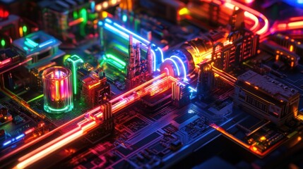 Obraz premium A vibrant close-up of a circuit board with illuminated components and glowing connections.