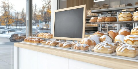 A cozy bakery display showcasing a variety of pastries and baked goods with a blank chalkboard sign in a bright, inviting setting.