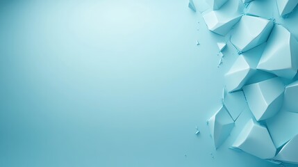 The image displays geometric ice-like shapes scattered across a light blue background, offering a cool and minimalist aesthetic in a contemporary art style.