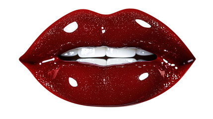 Obraz premium Glossy red lips with white teeth on a transparent background.