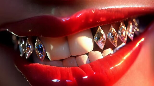 Close-up showcasing a woman with red lipstick, smiling brightly while revealing her diamond teeth grill. The sparkling accessory highlights her beauty and luxury style