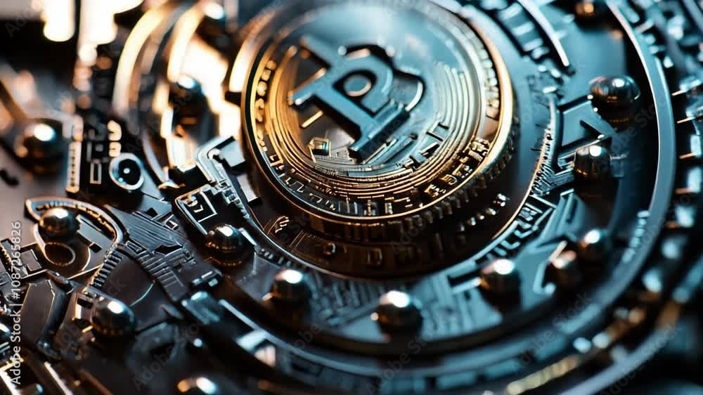 Poster Gold bitcoin is rotating inside a mining hardware with electronic circuits. Concept of cryptocurrency mining and blockchain technology